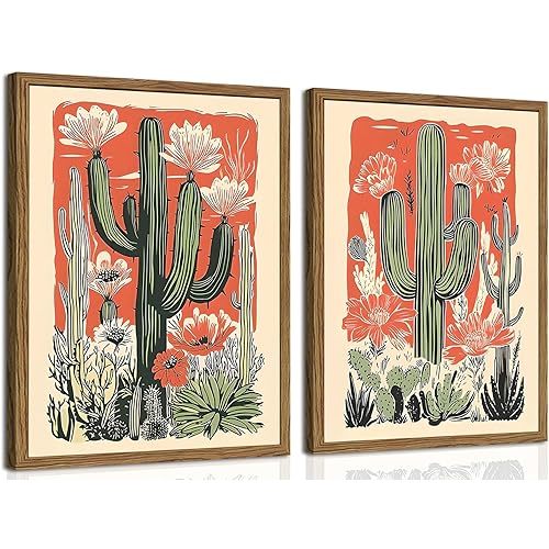 Framed Mexican Cactus Canvas Wall Art Set of 2, Vintage Desert Floral Pictures Wall Decor Paintings, Boho Southwestern Botanical Prints for Living Room Bedroom Bathroom Office Home Decor 12x16 inch