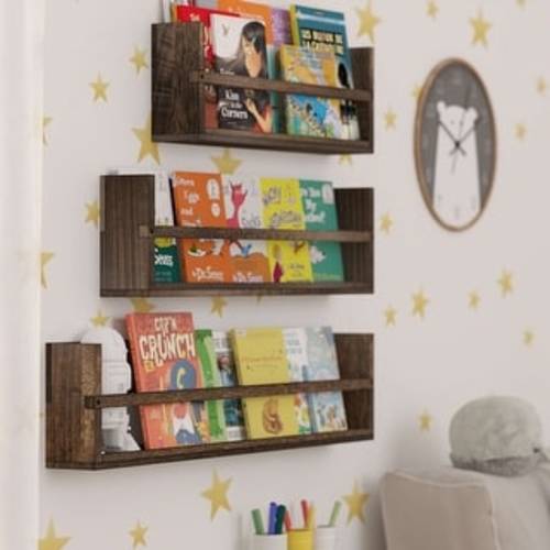 Wallniture Polynez Multisize Rustic Wood Wall Shelves, Functional Wall Shelves, Wall Mounted Shelving for Books, Set of 3