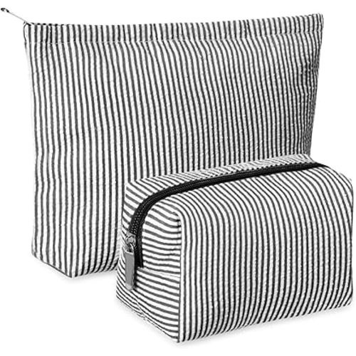 2 Pcs Makeup Bag Set Cute Cosmetic Pouch for Women Seersucker Travel Toiletry Bag Preppy Small Makeup Purse Pouch Aesthetic Skincare Brushes Storage Organizer for Valentine Women(Black)
