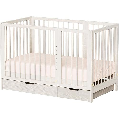 JOYMOR 8-in-1 Convertible Crib with Drawer, Include 2" Mattress, Convert from Mini Crib, Mid Crib to Full Crib, 8 Height Adjustable, Undercrib Storage Drawers (White)