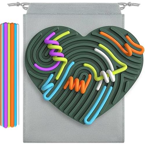 Sensory Activity Board for Kids, Sensory Fidget Toys, Silicone Busy Board for Fine Motor Skill, Stress Relief, Anxiety ADHD, Autism, Kids 3+ Heart Sensory Board with Portable Bag and 13 Strings Green