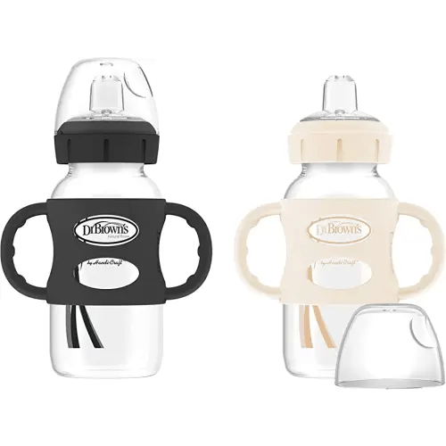 Dr. Brown's Milestones Wide-Neck Sippy Spout Bottle with 100% Silicone Handles, Easy-Grip Handles with Soft Sippy Spout, 9oz/270mL, Black & Ecru, 2-Pack, 6m+