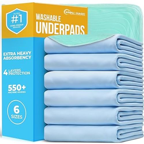 Simpli-Magic Washable Underpads, 34"x36" (Pack of 6) - Heavy Absorbency Reusable Bedwetting Incontinence Pads for Kids,Adults,Elderly,and Pets - Waterproof Protective Pad for Bed,Couch,Sofa,Floor