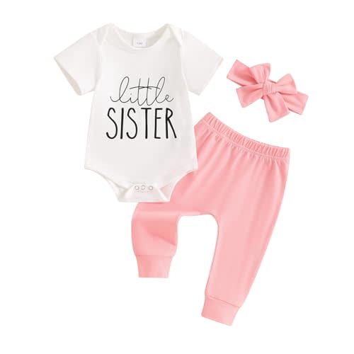 Rarjuiey Newborn Baby Girl Outfits Little Sister Coming Home Outfit Lil Sis Romper Tops Pants Headband 3Pcs Summer Clothes