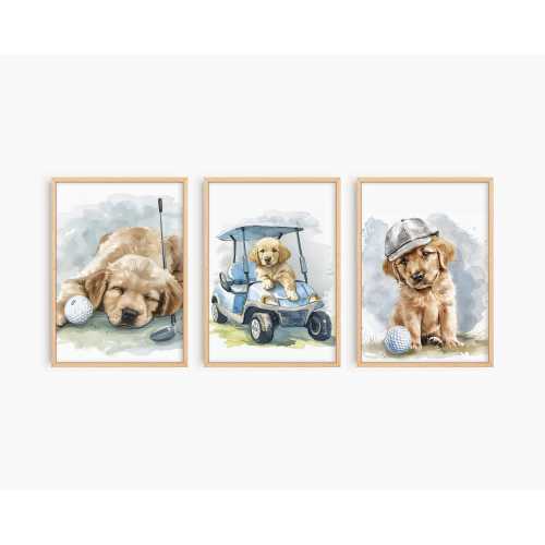 Golden Retriever Golf Puppy Print, Set of 3 Golf Dog Print, Nursery Wall Art, Golden Retriever Golf Nursery, Golden Retriever Print, S203