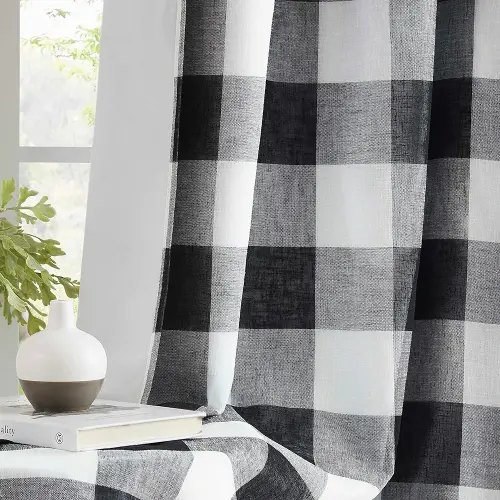 Short Black White Buffalo Plaid Full Blackout Window Curtains with Liner Farmhouse Checkered Geo Pattern Panels Linen Textured Drapes Grommet Window Treatment for Bedroom,Living Room,40"x63"x2