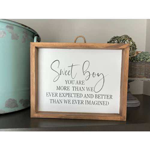 Farmhouse Wood Framed Sign For Home Nursery, Wall Hanging Decor Baby Boy Quote, Boy Nursery, Sweet Boy You Are More Than We Ever Expected