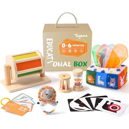 Toyssa Montessori 6 in 1 Wooden Learning Educational Sensory Toys for Babies 0-6 Months with Spinning Drum, Tissue Toys, Baby Rattle, Flash Card - Perfect Birthday Gifts for Boys & Girls