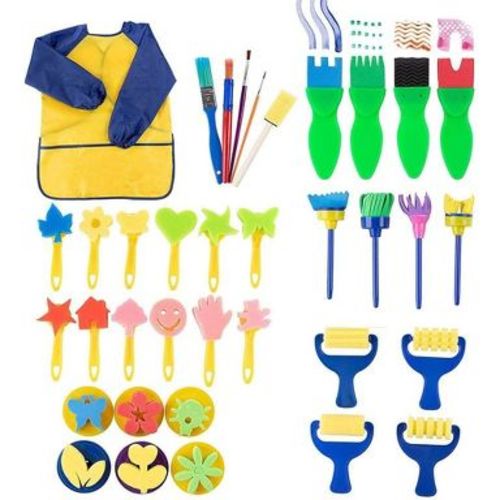 Imagine Studios 36 Piece Painting Kit for Kids with Foam Paint Brushes, Rollers, Stamps, and Small Apron