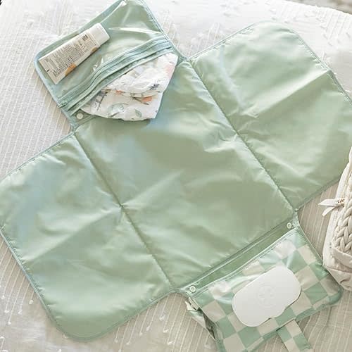 Tiny Twinkle Portable Diaper Changing Pad – Foldable, Waterproof & Compact Travel Changing Mat with Storage | Smart Wipes Pocket for On-The-Go Parents(Sage Checkers)