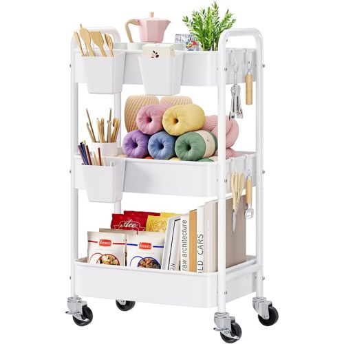 3 Tier Rolling Cart Metal with Wheels, White Three Tiered Craft Cart Organizer on Wheels, Storage Utility Carts for Art, Baby Nursery, Diaper Caddy, Cleaning Supplies, Nail,Snack,Book,Kitchen,Bathroom