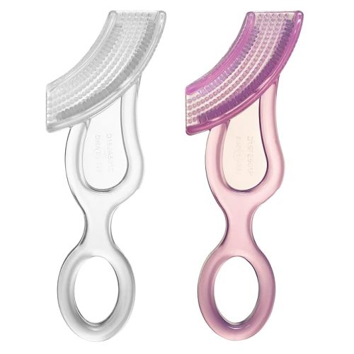 Brilliant Oral Care Baby’s First Toothbrush, Smooth Silicone Bristles Gently Clean Tender Teeth and Gums, for Ages 4+ Months, Pink + Clear, 2 Pack