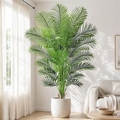 Artificial Palm Tree 7ft Tall Fake Palm Tree Indoor Decor with 18 Leaves and Real Bark Design Faux Tropical Areca Palm Silk Floor Plant in Pot for Home Office Living Room Bedroom Decor 1pcs