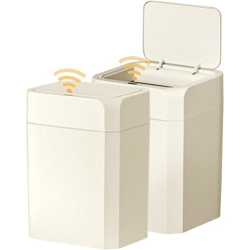 ELPHECO 2 Pack 3.5 Gallon Bathroom Trash Can with Lid Motion Sensor Slim Garbage Can Waterproof Smart Small Trash Bin for Bathroom, Kitchen, Office, Bedroom, Living Room, Toilet, Cream Beige