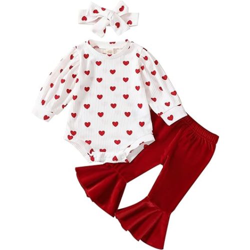 Amazon.com: ADXSUN Baby Girl Valentine's Day Outfits Heart Print Romper+Flared Pants+Headband Infant Clothes 0-18 Months: Clothing, Shoes & Jewelry