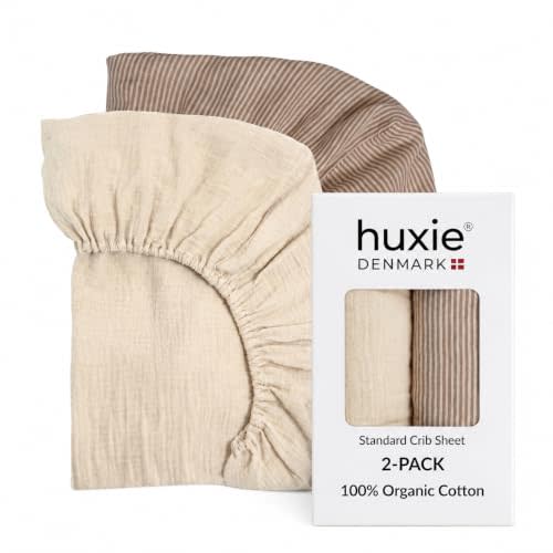 Crib Sheets – Organic Cotton Muslin Fitted Crib Sheet – Standard Size for Baby Boy and Baby Girl 52" x 28" Ultra-Soft and Breathable. 2-Pack(Fog/Stripe)