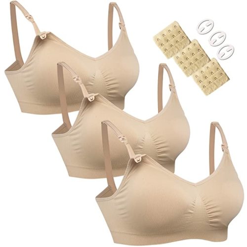 HOFISH 3PACK Full Bust Seamless Nursing Maternity Bras Bralette S-XXL with Extra Bra Extenders & Clips - 3pcs/Pack(beige) - Medium