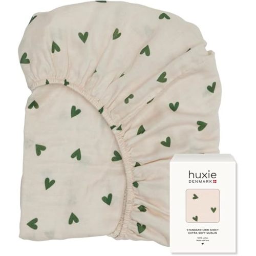 Denmark - Super Soft Muslin Fitted Baby Crib Sheets for Boys and Girls – Standard Size for 28'' x 52'' Crib Mattress - 100% Organic Cotton for Ultimate Comfort (Green Hearts)