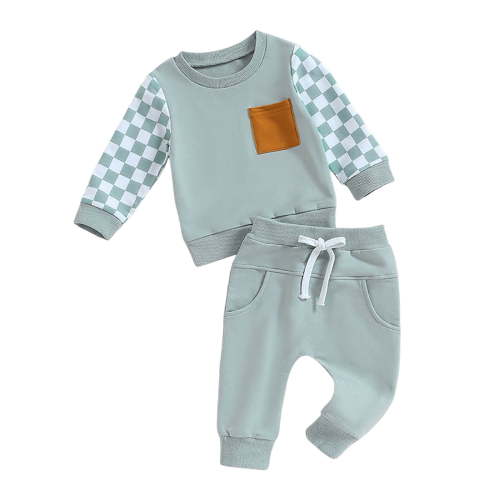 HCNTES Baby Boy Girl Fall Outfits Checkered Plaid Pullover Sweatshirt Top Pants Set Trendy Toddler Checkerboard Outfit(Light Blue#1_2,0-6 Months)