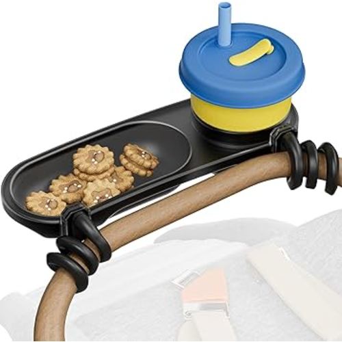 Universal Snack Tray & Cup Holder for Stroller with Flexible Silicone Arm Gripper