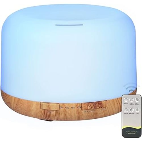 Oil Diffuser, 500ml Essential Oil Diffusers, Aromatherapy Diffuser with 2 Mist Mode 4 Timers＆7 Ambient Light Waterless Auto Off, Diffusers Large Room Home Office