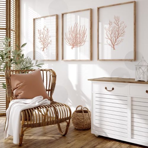 3 Pieces Watercolor Coral Poster Prints Wall Art Blush Pink Sea Shore Ocean Canvas Painting Framed Artwork for Living Room Beach Coastal Decoration with Inner Frame