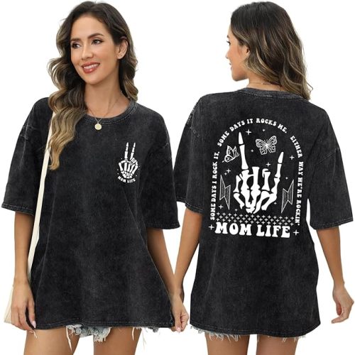 Women Nursing Shirts for Breastfeeding Zipper Mom Mama Shirt Acid Wash Tshirt Skeleton Graphic Tees Maternity Tops