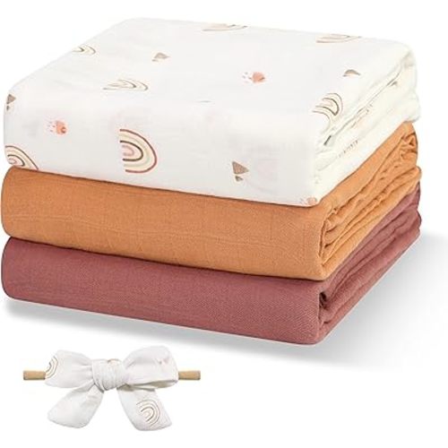 Papablic Muslin Swaddle Blankets, 3-Pack Soft Silky Swaddle Blankets for Boys and Girls, Cotton Receiving Blanket with 1 Hair Bows, Solid Color/Rainbows, Large 47 x 47 inches