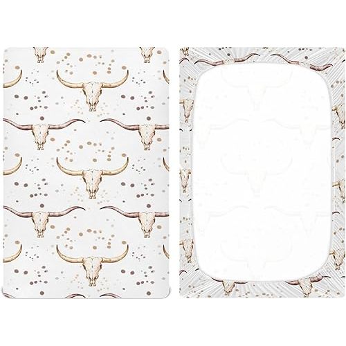 VIGTRO Western Bull Baby Crib Sheets for Boys Girls, Cowboy Breathable Soft Fitted Crib Playard Sheets Baby Mattress Sheet, M 52x28x9in