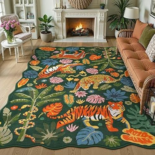 LEEVAN 5x7 Animal Area Rugs Washable Green Tiger Living Room Rugs Non Slip Scalloped Tiger Bedroom Rug Low Pile Leopard Nursery Floor Carpet Jungle Leaf Print Kids Rug