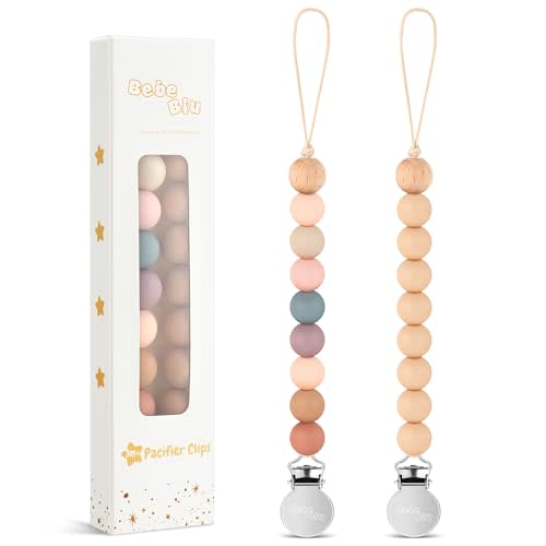 BebeBiu 2 Pack Pacifier Clips, Silicone Pacifier Clip for Baby Boys and Girls, Baby Pacifier Strap with Silicone Beads, Soother Dummy Holder, Pacifier Holder, Keeps Pacifier Clean (Blossom/Apricot)
