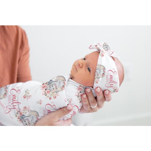 Blush Elephant Swaddle Set, Elephant Swaddle, Elephant Baby Blanket, Elephant Nursery Theme, Baby Blanket, Floral Elephant Blanket S64