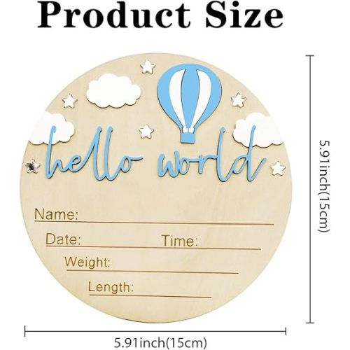 Baby Announcement Sign, 5.9 Inch Wooden Hello World Newborn Signs, Birth Announcement Sign and Pen, Hot Air Balloon and White Cloud Decoration, Welcome Newborn Arrival to World (Blue)