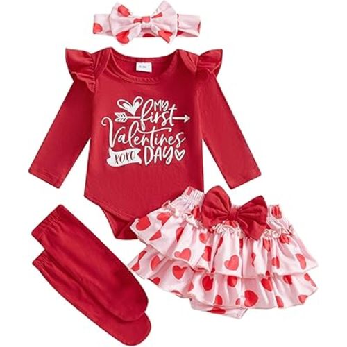 FYBITBO Newborn Baby Girl Christmas Outfits Cute Letter Romper Ruffle Plaid Skirt Dress Infant Christmas Outfit Clothes Set