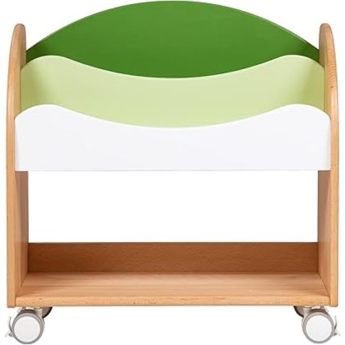 Kids Bookshelf, Solid German Beech Wooden Toddler Bookcase with Wheels, Children Books Display Shelf, Baby Books and Toys Storage Rack, Infant Book Cart for Bedroom, Playing Room - Green