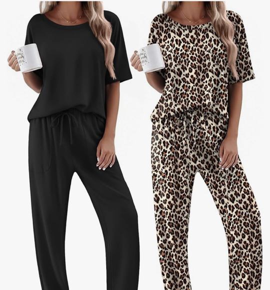 Ekouaer 2 Pack Womens Pajama Sets Short Sleeve Tops and Long Pants Casual Comfy Pjs Lounge Set with Pockets,S-XXL