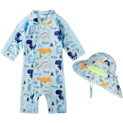 Toddler Baby Boys Swimsuit Rashguard One Piece Zipper Bathing Suit with Sun Hat Infant Swimwear Sunsuit UPF 50+