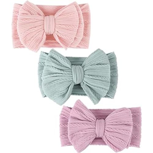 DRESHOW BQUBO Handmade Baby Headbands Soft & Stretchy Hair Bands with Bows Nylon Bows Hairbands for Girls Newborn Infant Toddlers Hair Accessories 3 pack