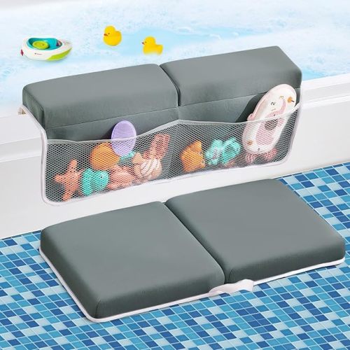 Bath Kneeler and Elbow Rest Pad Set, Thick Soft Quick Dry Bathtub Mat for Baby Bathing Time, Memory Foam With Toys Organizer, Gifts for Parents, Grey
