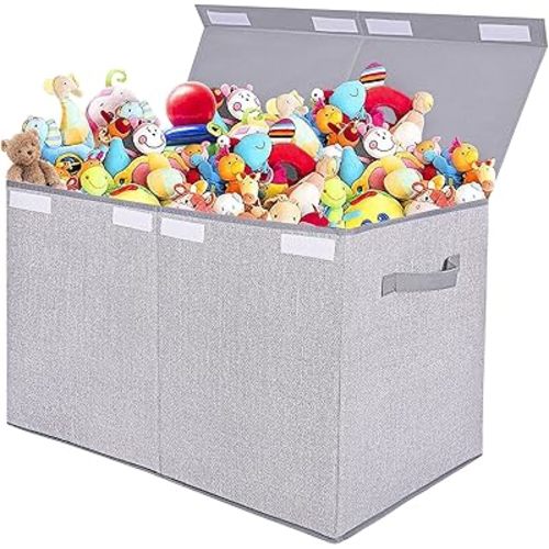 Large Toy Box Chest Storage Organizer with Lid,Collapsible Kids Toys Boxes Basket Bins with Sturdy Handles for Boys and Girls, Nursery, Playroom, Closet 25"x13" x16" (Light Grey)
