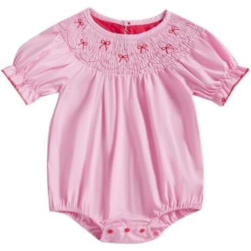 FIOMVA Toddler Baby Girl Clothes Summer Smocked Bubble Romper Embroidery Onesie Short Sleeve Bodysuit Cute Outfits