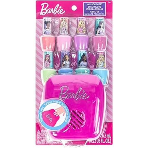 Townley Girl Barbie 8 Piece Nail Polish Set with Nail Dryer for Kids, Peel-Off Water-Based, Safe for Kids, Batteries Not Included, Ages 3 and Up