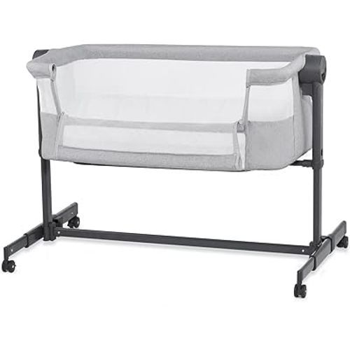 Kinderkraft Neste UP2 Bedside Cot 2 in 1, Co-Sleeper from Birth, Travel cot for Newborn, Adjustable Height, Included Mattress Sheet, with 4 Wheels, Breathable Mesh, Gray