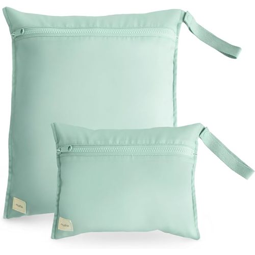 mushie Water Resistant Wet Bags | Large & Small Reusable Storage Bag for Baby Items and Travel | Zippered Pockets with Handle | Machine Washable, Set of 2 (Roman Green)