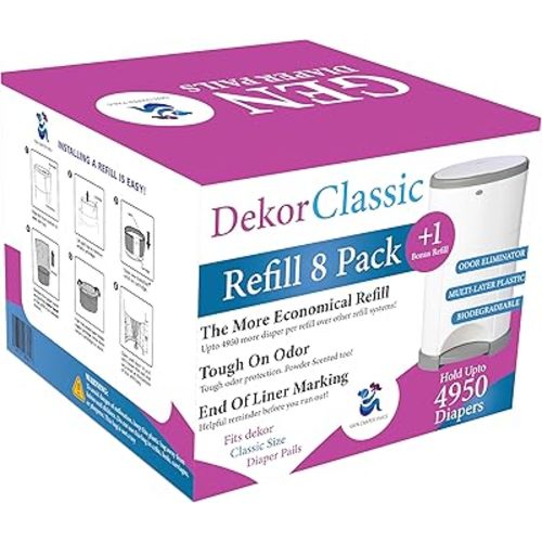 Pack of 8 +1 More Diaper Refill Liners Refills Compatible with DEKOR CLASSIC Diaper Pails Exclusive 30% Extra Thickness Diaper Pail Refills with Powerful Odor Elimination Leakage-proof, Powder Scent
