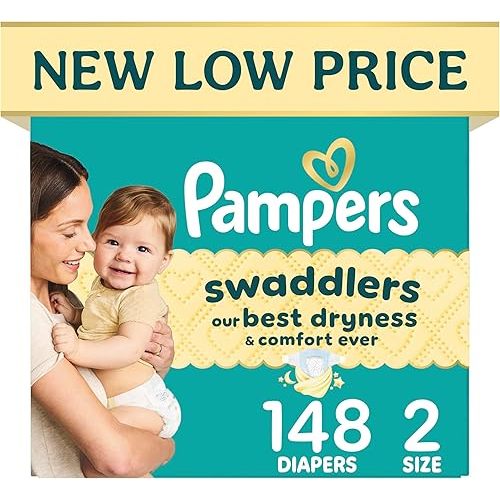 Pampers Swaddlers Diapers, Size 2 (10-22 lbs), 148 Count, Hypoallergenic, Absorbent, Keeps Baby Dry and Comfortable, Skin Safe Disposable Baby Diaper