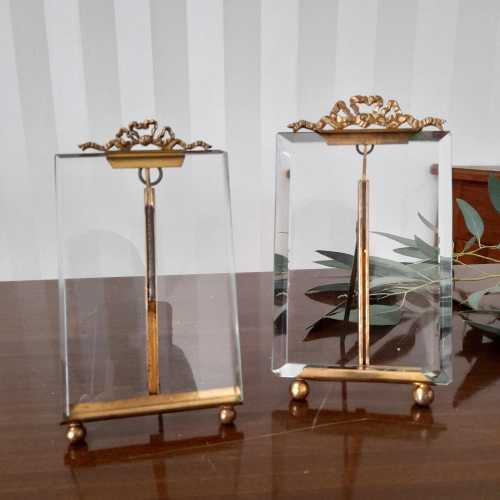 Antique French Beveled Glass Photo Frames, Gilded Bronze Ormolu Bows, Pair