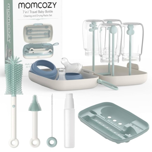 Momcozy Bottle Brush Set - Baby Bottle Cleaner Kit with Silicone Brush, Nipple Brush, Straw Brush, Soap Dispenser, Drying Rack - 7 in 1 Bottle Cleaning Tool for Home and Travel