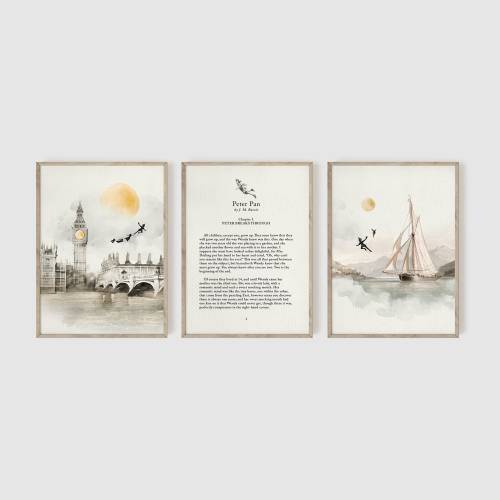 Peter Pan Nursery, Set of 3, Classic Peter Pan and Wendy Art Prints, Peter Pan Art, Classic Nursery Art, Nursery Wall Art, Nursery Decor
