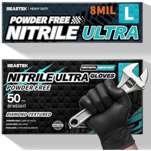 Beastek Nitrile Disposable Gloves, 8Mil Latex & Powder Free Chemical Resistant Heavy Duty Food Safe Diamond Glove Black 50Pcs